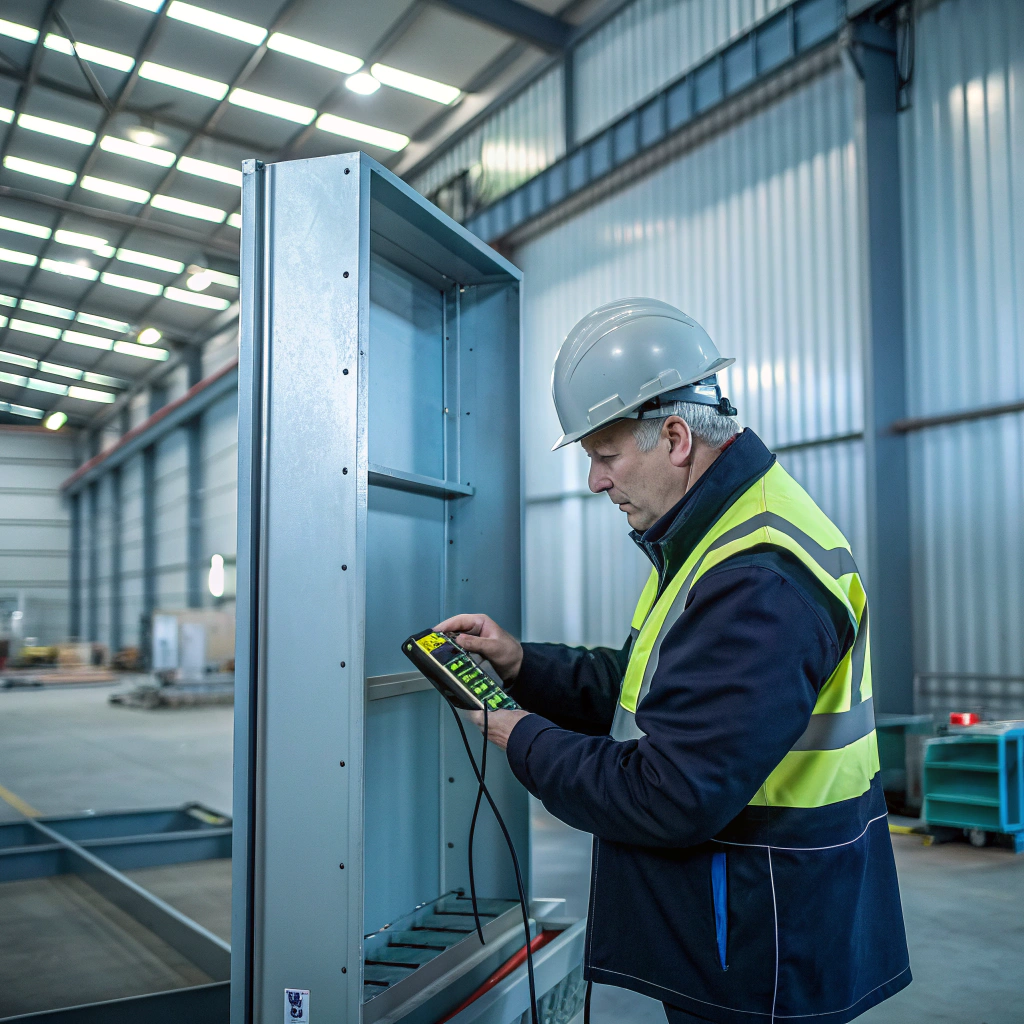 Technician testing a protective relay panel in a substation
